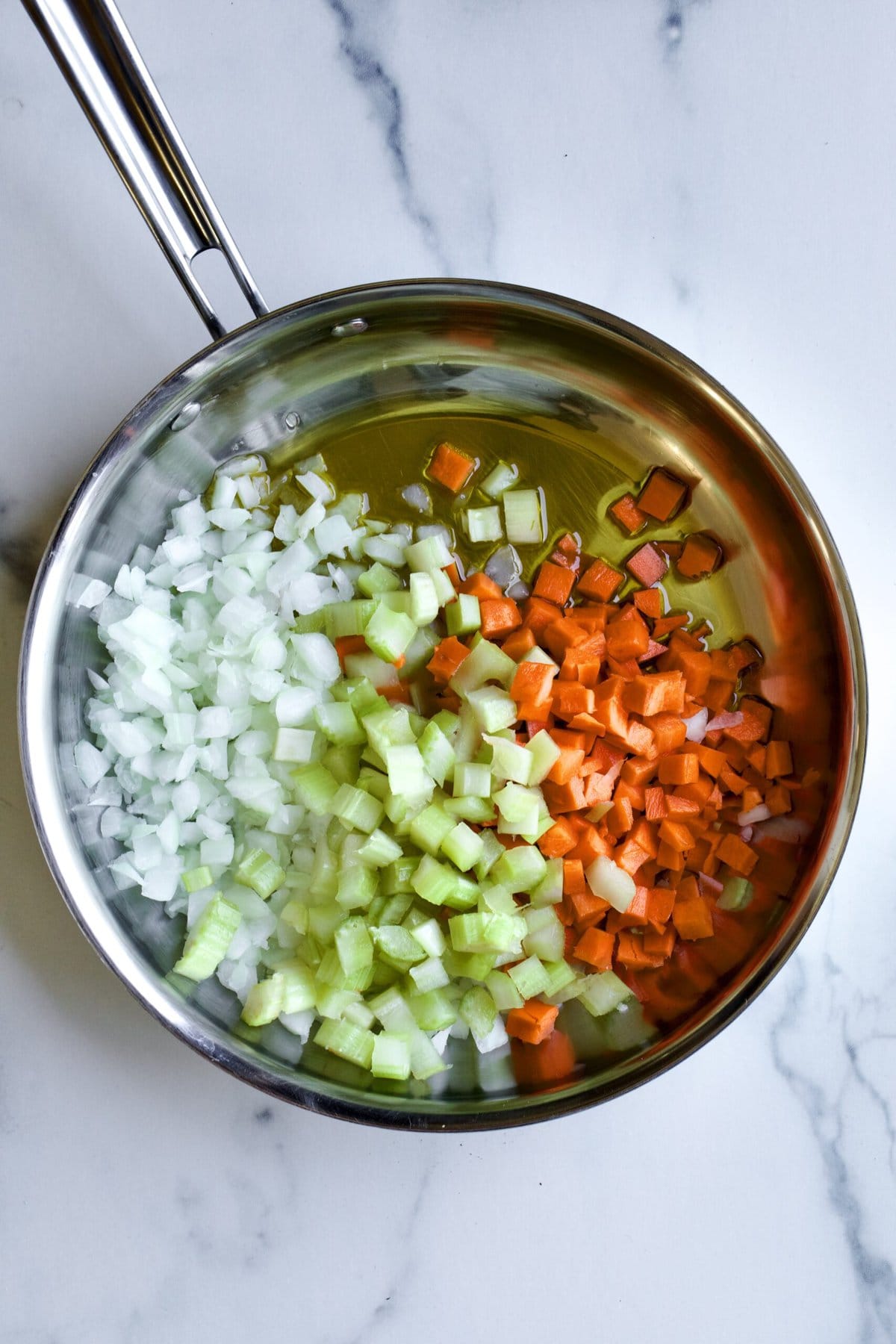 1st step to make Italian sofritto. Fry ingredients in olive oil.