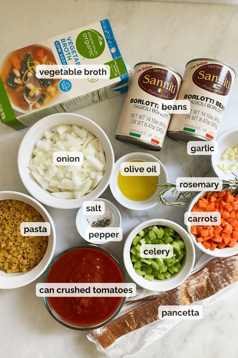 Recipe ingredients for traditional Italian pasta e Fagioli recipe.