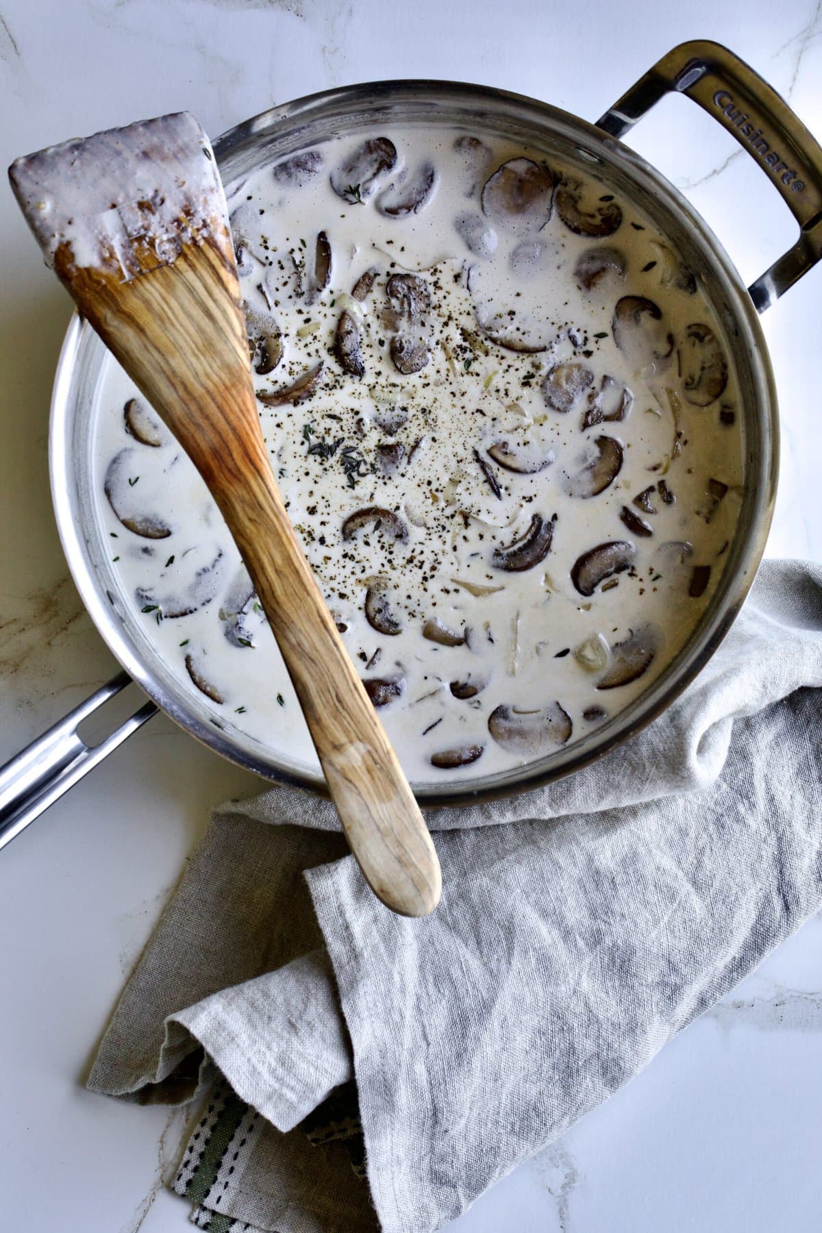 mushroom cream sauce in pan.