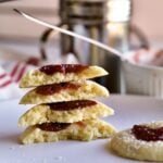 heart shaped thumbprint cookies cut in half to show soft interior.