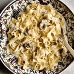 final black truffle sauce pasta in a serving platter.