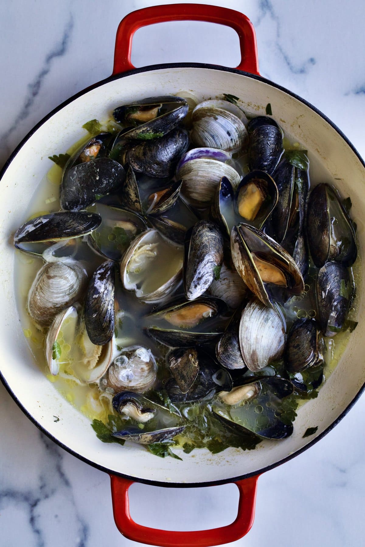 Steamed Mussels and Clams Recipe (with Wine and Garlic) in pot. Finished cooking.