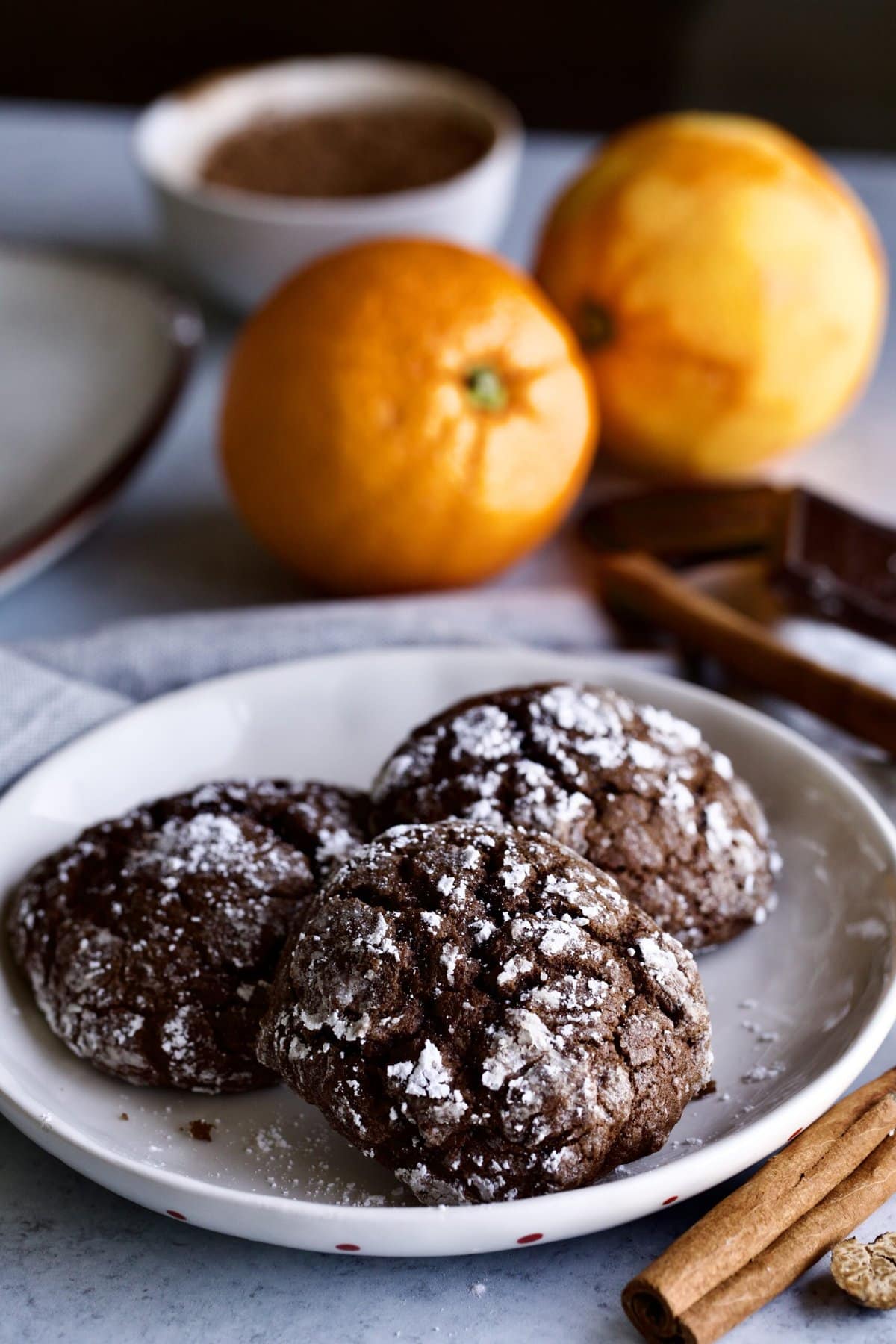 chocolate spice cookies on a plate with pieces of chocolate, orange and spices, in the background.