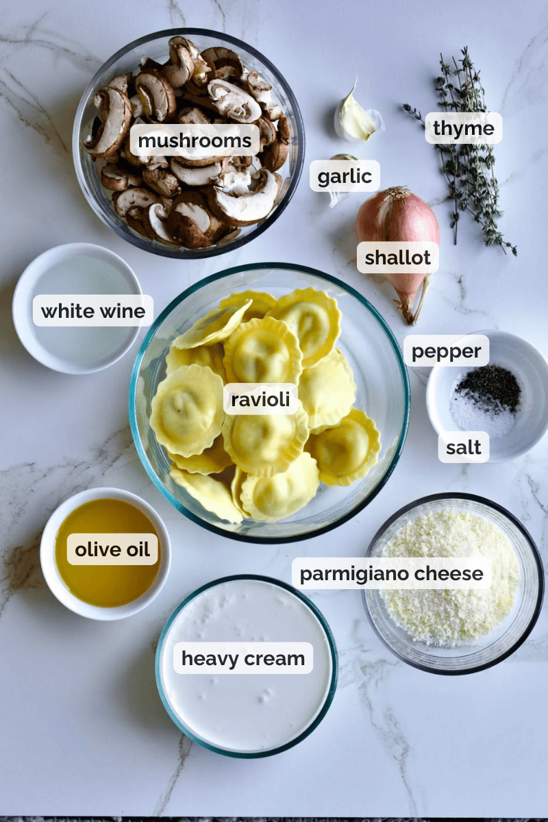 Recipe ingredients for mushroom cream sauce for ravioli recipe.