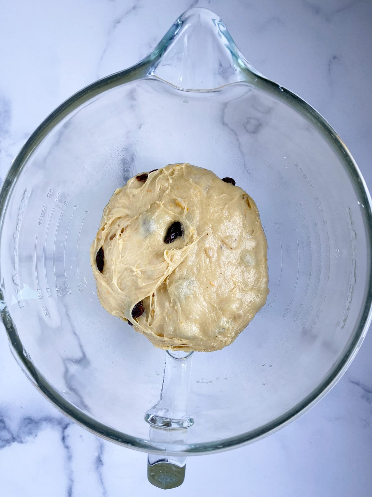 Process for making panettone: adding raisins to dough.