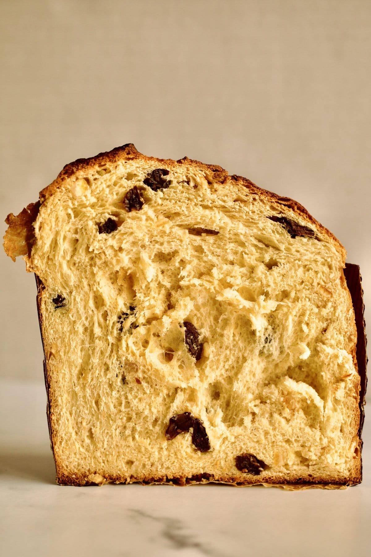 close up of panettone cut in half