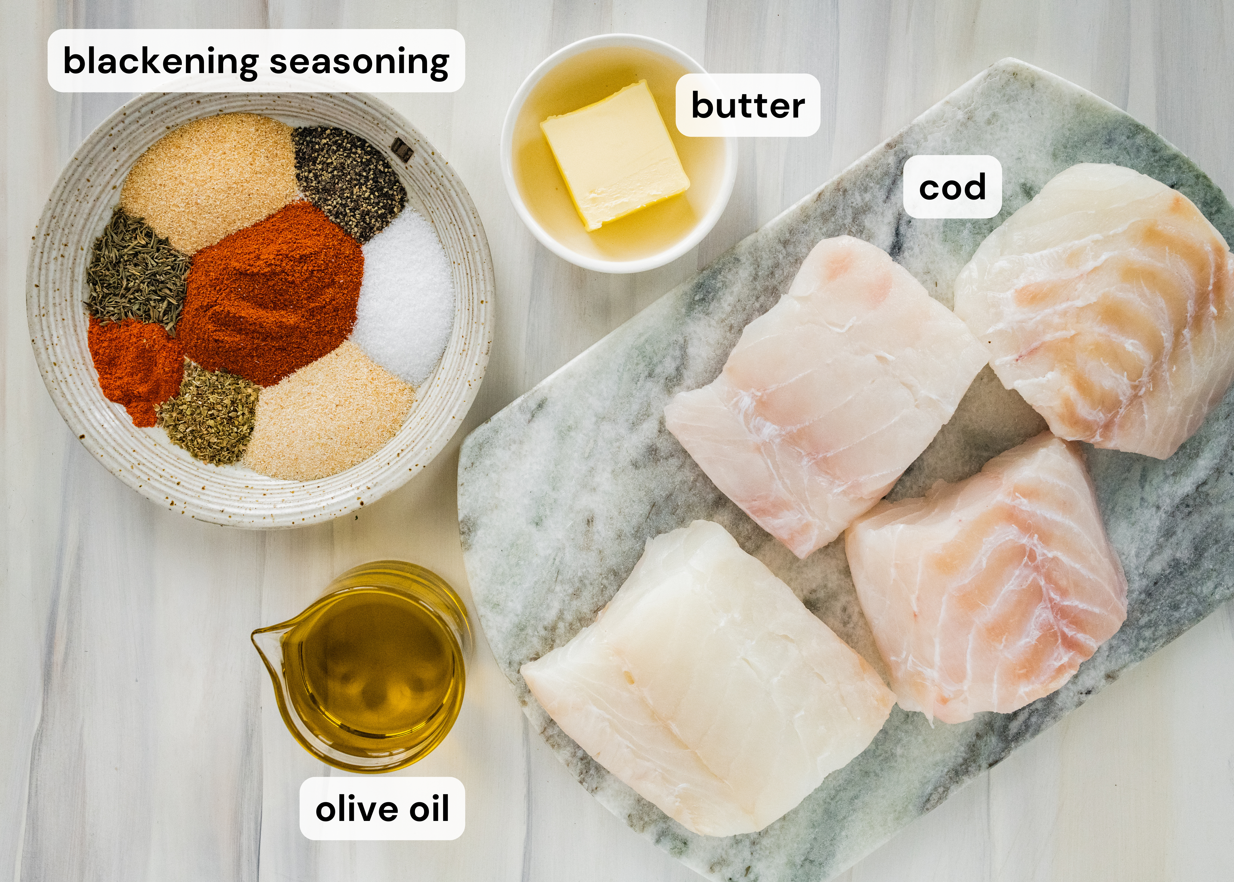 Ingredients to make baked blackened cod.