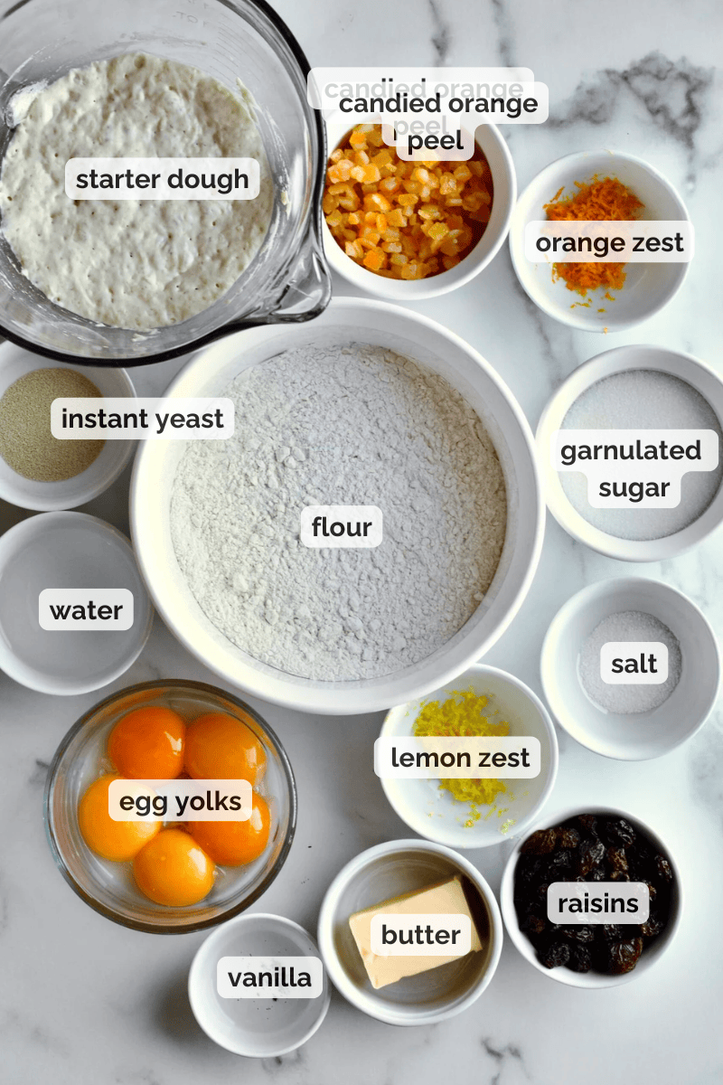 Recipe ingredients for traditional Panettone recipe.