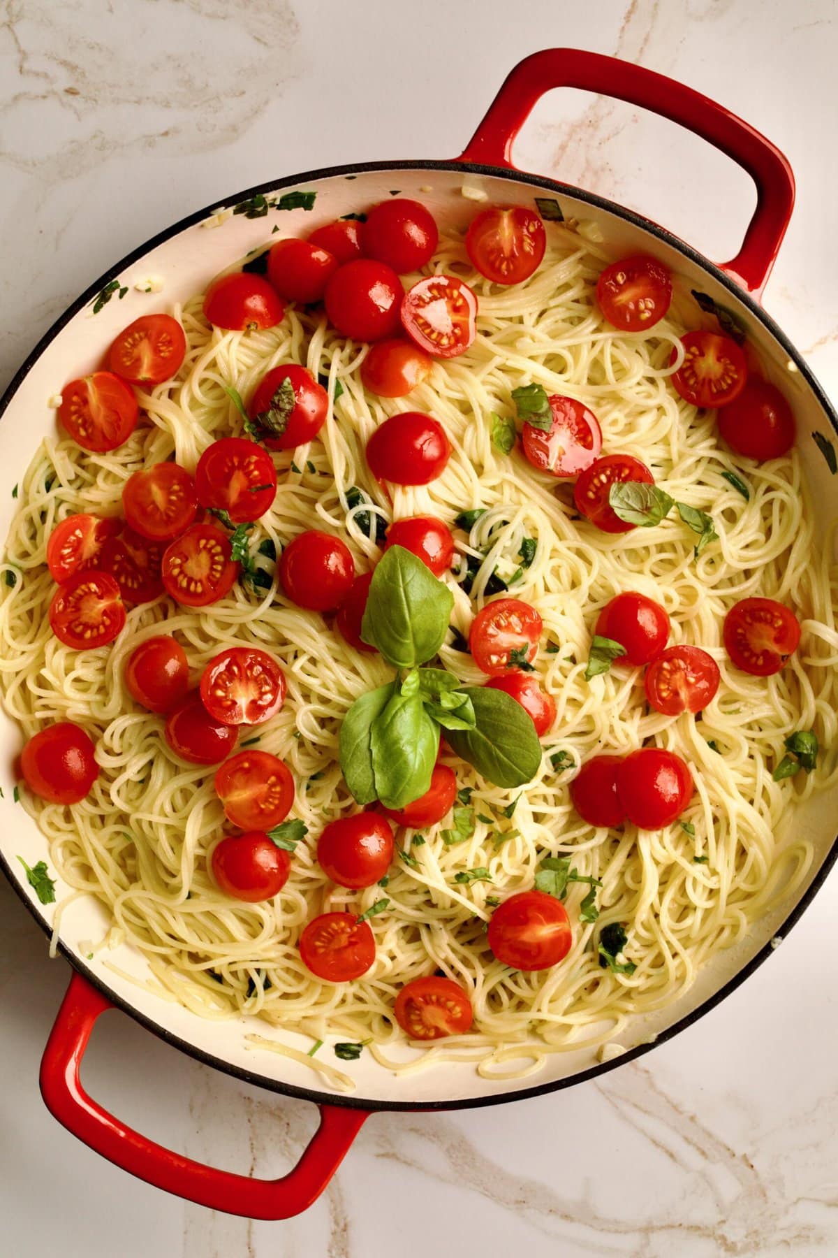 process for making- - adding cherry tomatoes on top of the final dish.