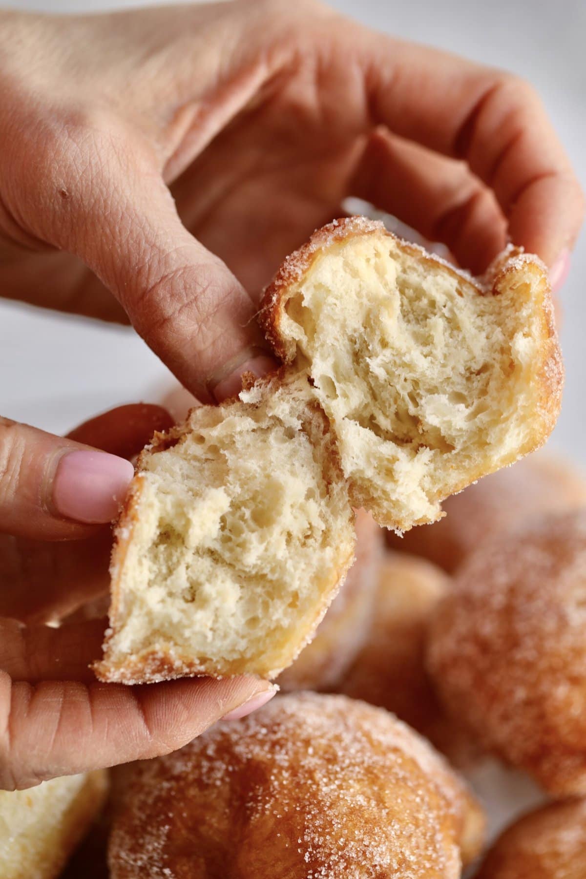 zeppole cut open to show soft and fluffy interior.