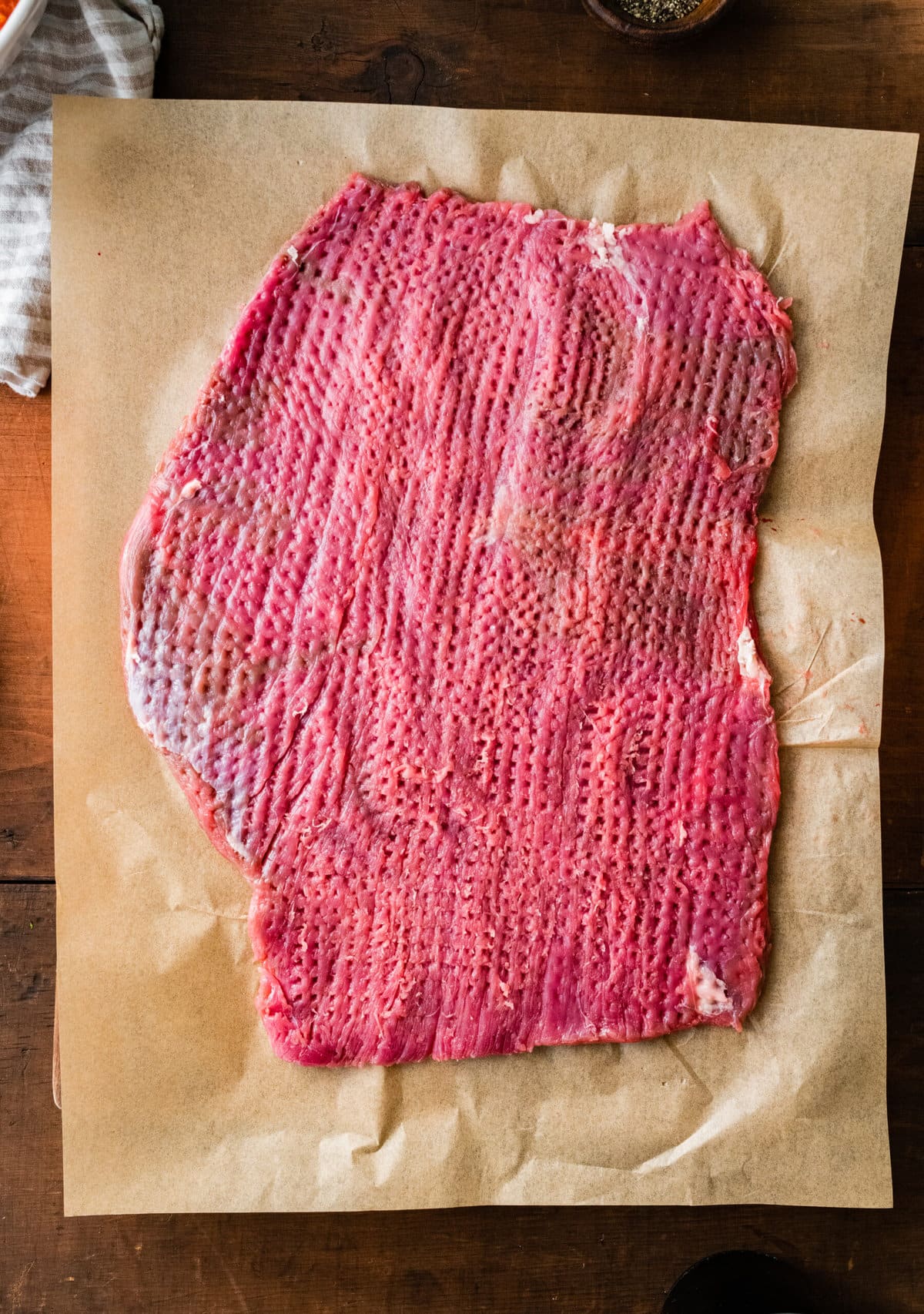 How to make Italian Braciole Process: meat after it is pounded flat.