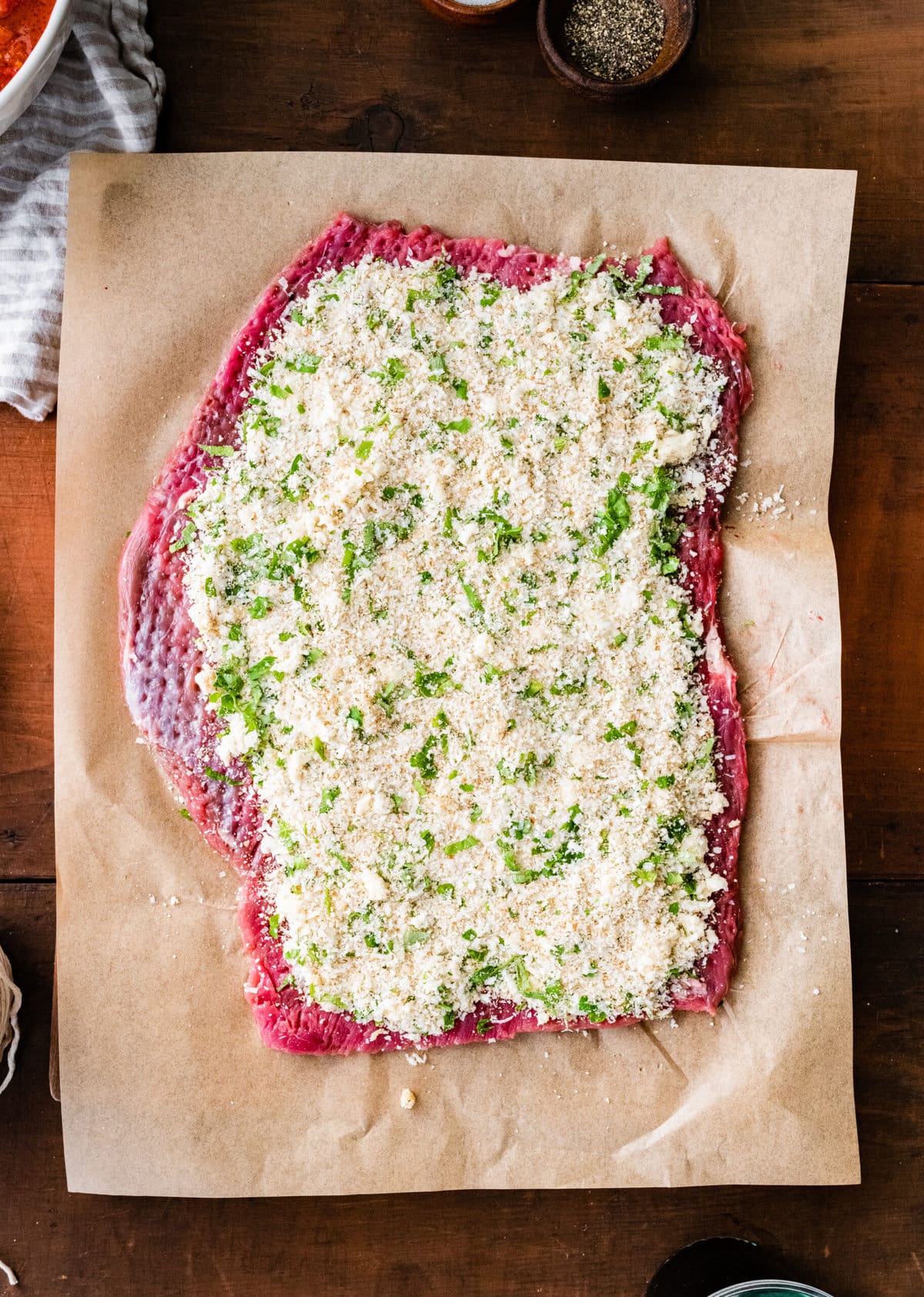 How to make Italian Braciole Process: layer of bread crumb mixture on top of pounded beef.