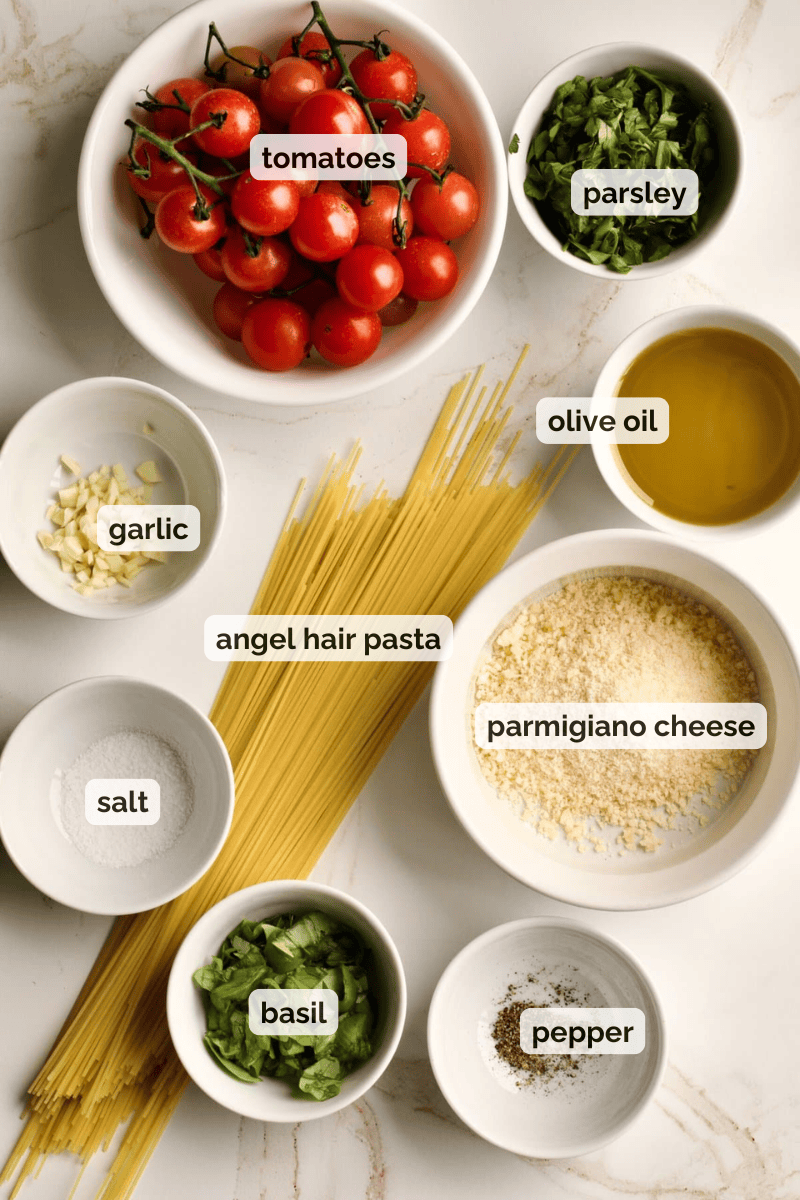 Recipe ingredients for angel hair pasta recipe.
