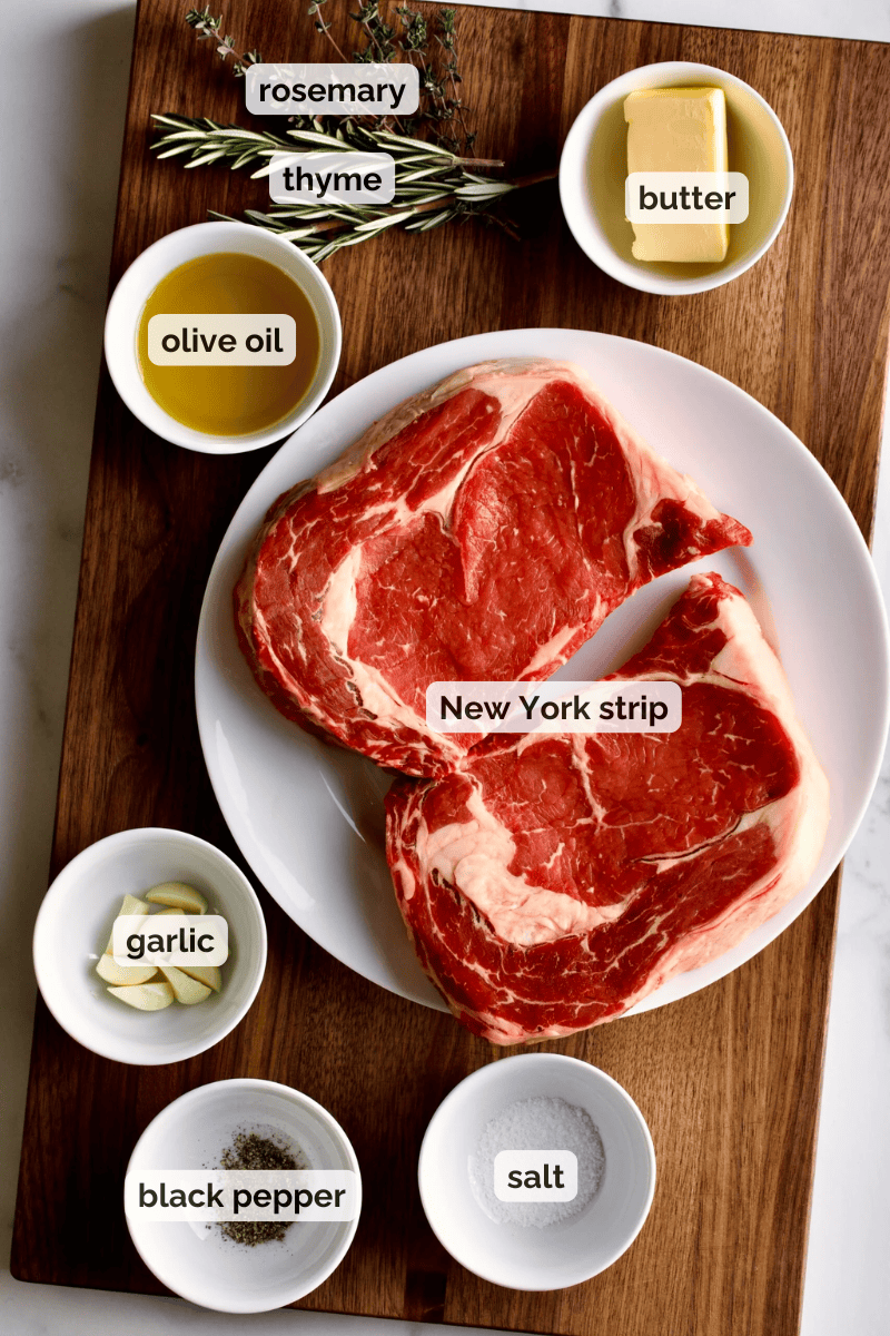 Recipe ingredients for perfect pan-cooked steak recipe.