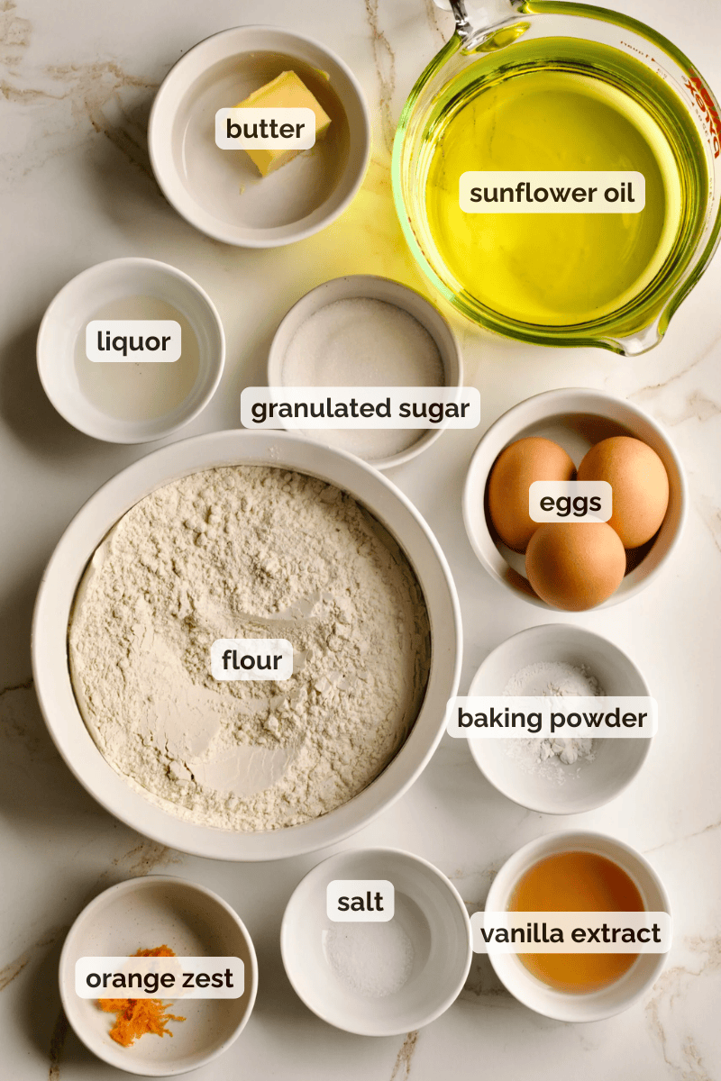 Recipe ingredients for Struffoli recipe.