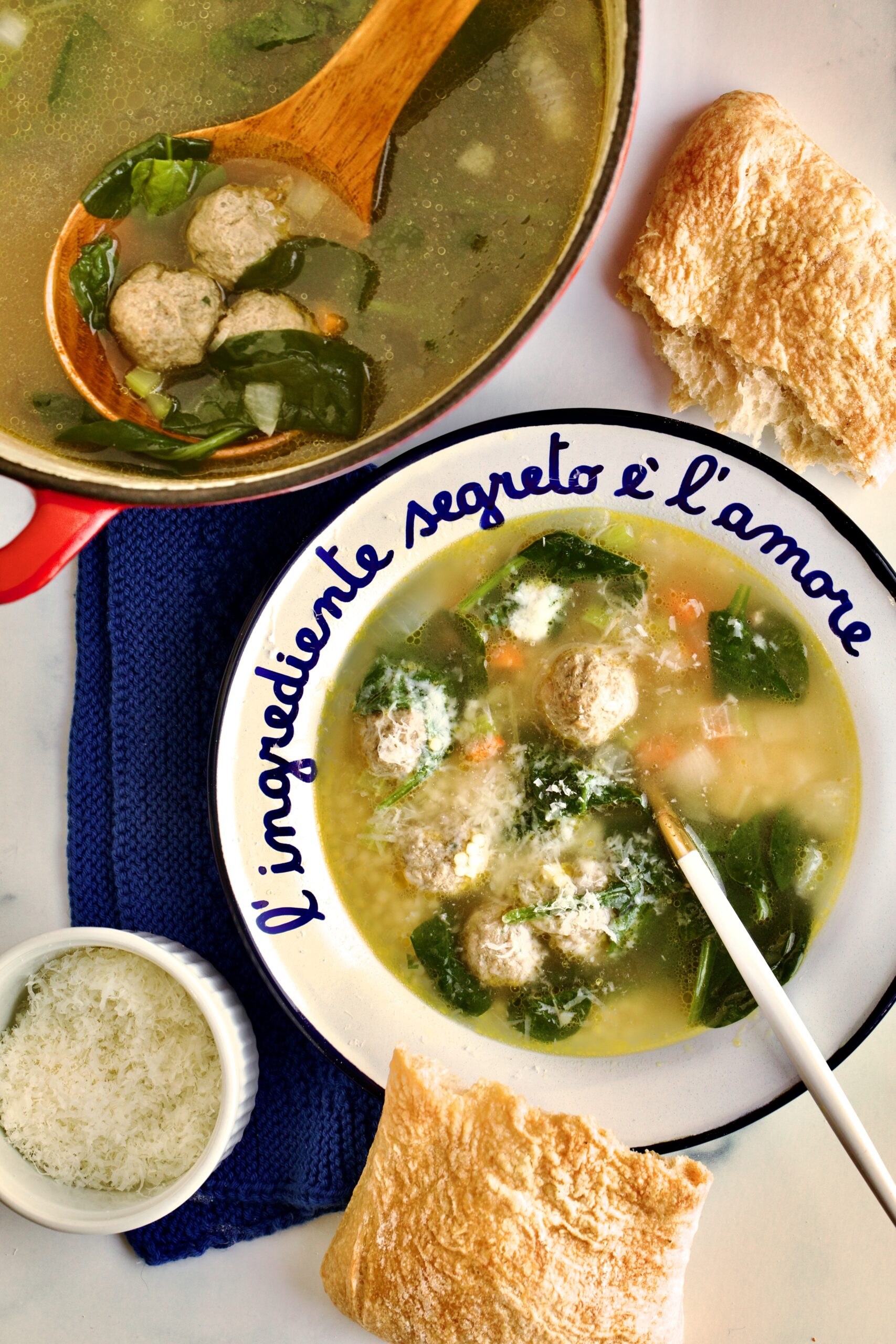 Classic Italian Wedding Soup Recipe bowl of soup and pot of soup with fresh made bread.