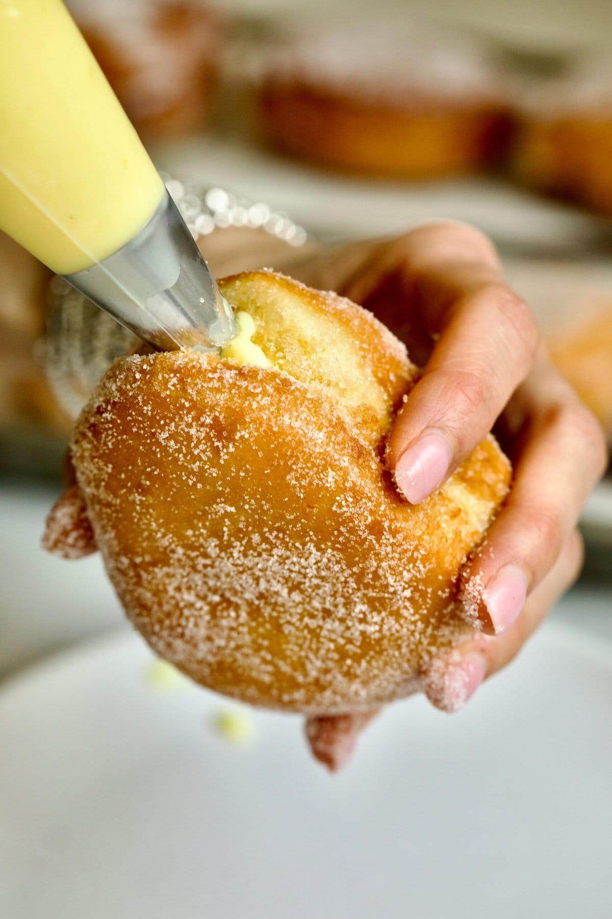 Process of making Bomboloni (how to make bomboloni recipe)- filling the donut with Italian pastry cream with a pastry bag. Hands holding the donut.