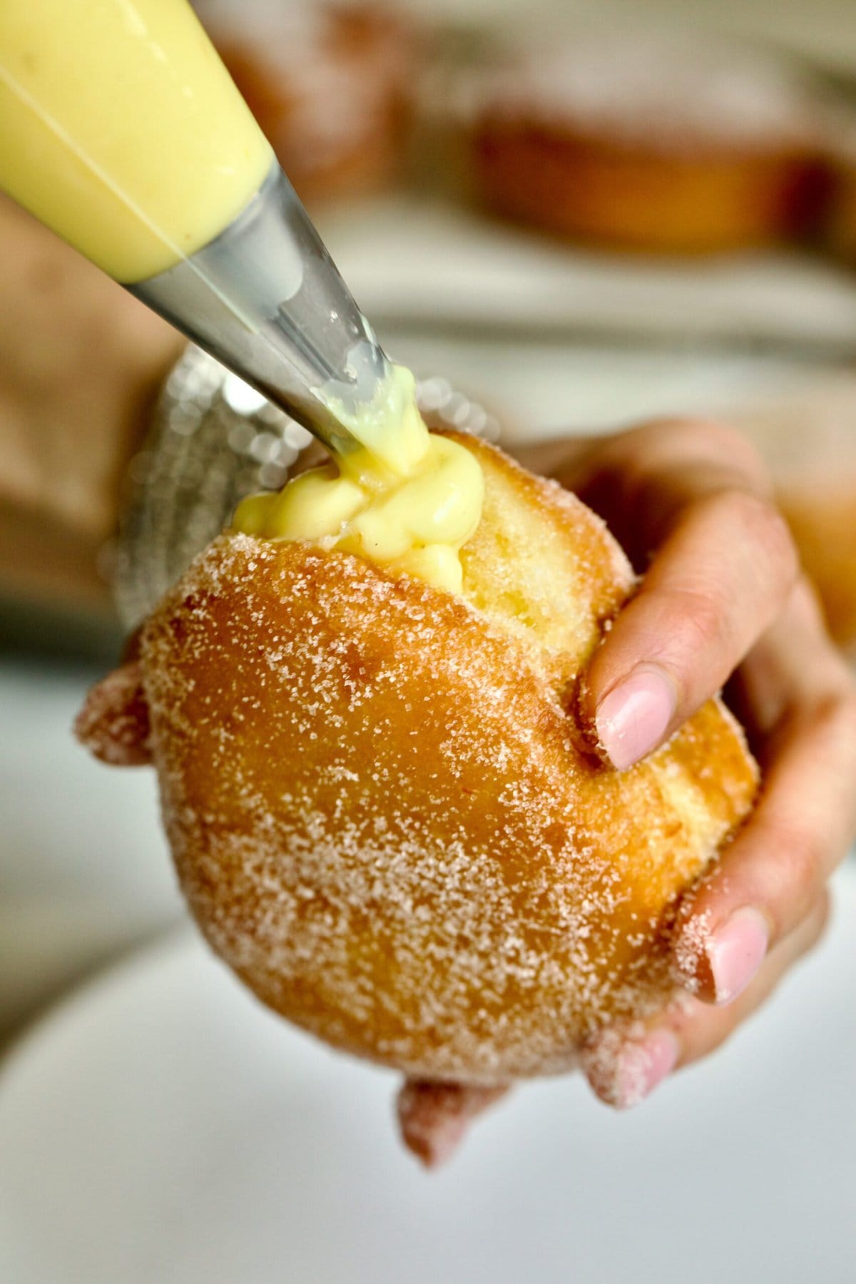 Process of making Bomboloni (how to make bomboloni recipe)- filling the donut with Italian pastry cream with a pastry bag. Hands holding the donut.