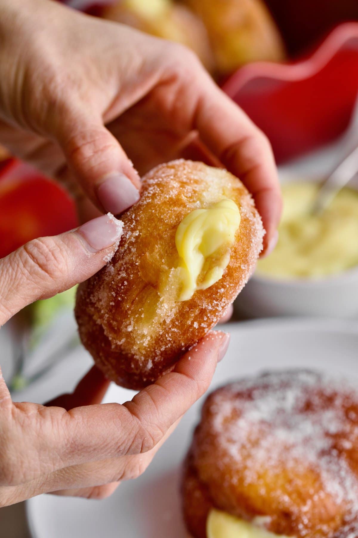 inside of the bomboloni donut with cream in the middle. Hands holding torn open donut with cream.