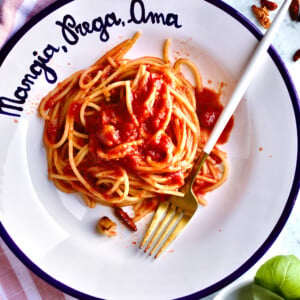 Arrabbiata sauce and noodles on a plate with a fork.