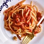close up of the Best Arrabbiata Sauce Recipe (Spicy Spaghetti Sauce) in a blue and white serving bowl.