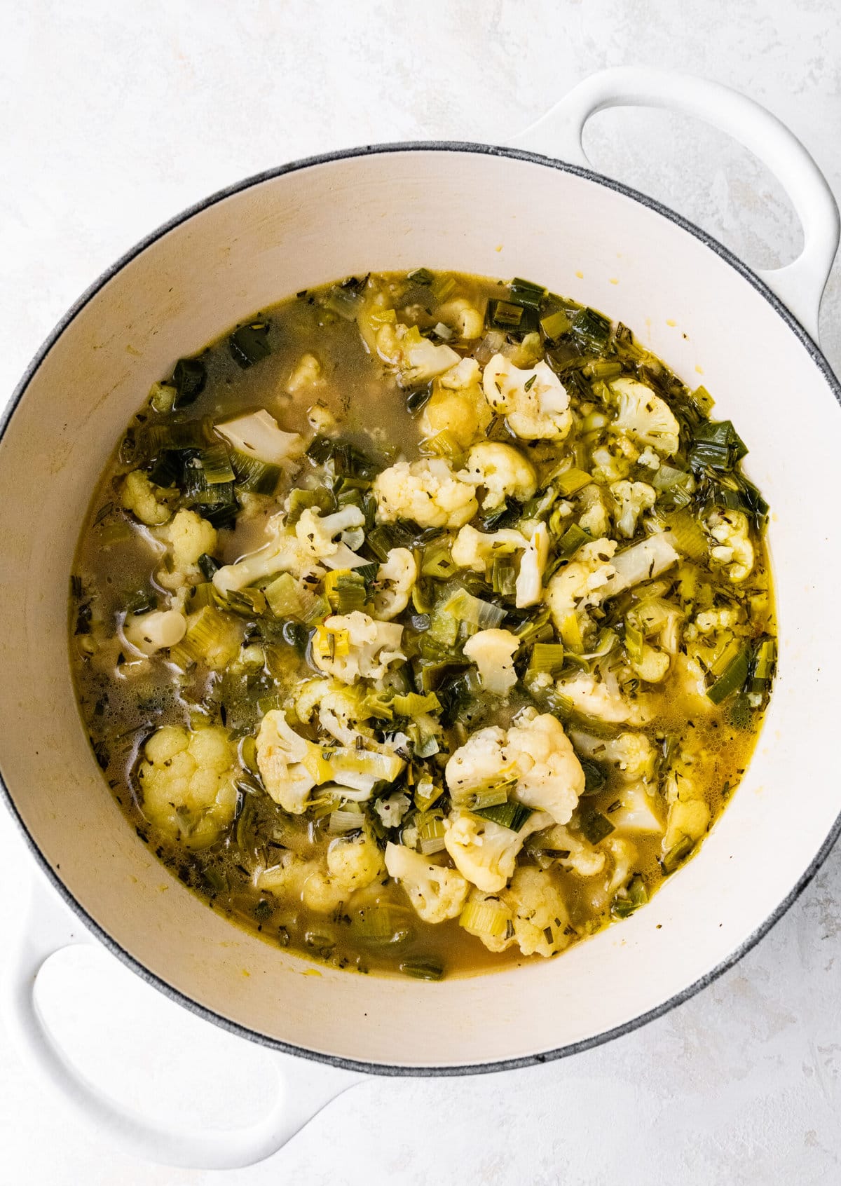 process of making No Potato Leek Soup Recipe- letting the soup bowl in the pot.