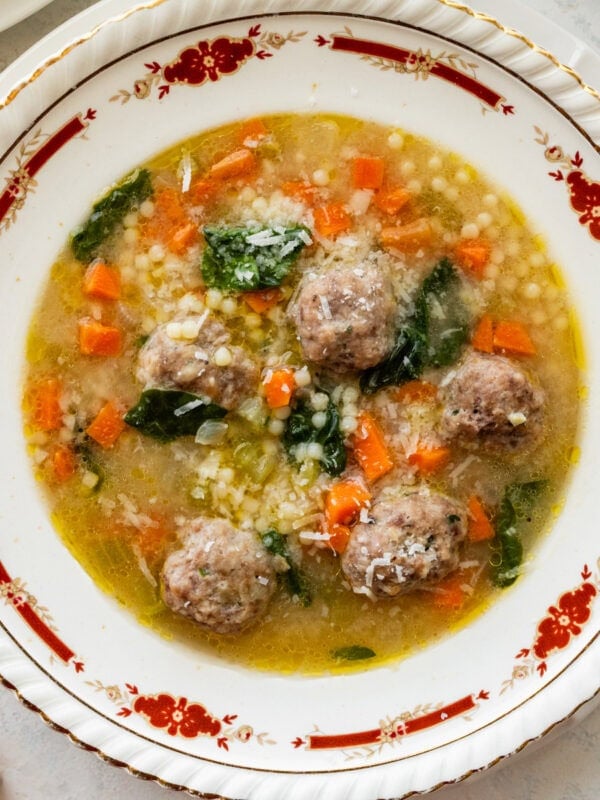A bowl of Italian wedding soup.