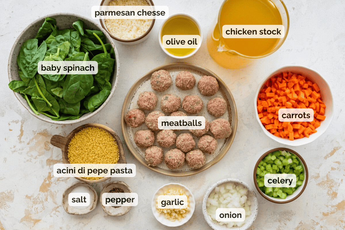 Recipe ingredients for Italian wedding soup recipe.