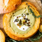 Creamy cauliflower leek soup in a bread bowl.