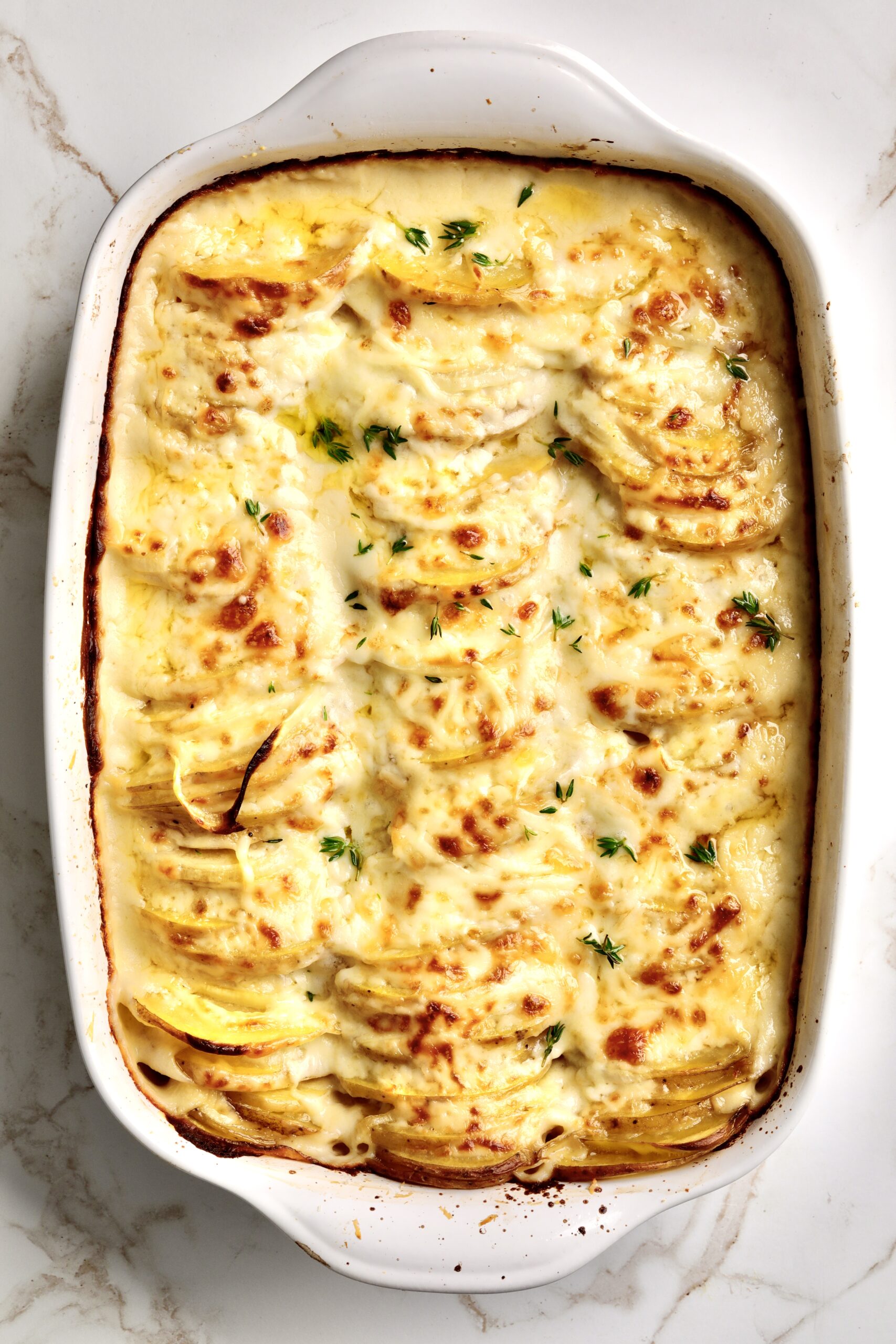 creamy au gratin potatoes in a a baking dish ready to serve.