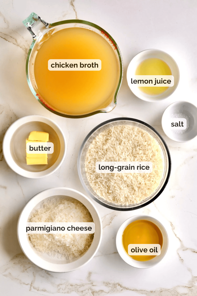 Recipe ingredients for creamy parmesan rice recipe.