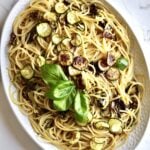 platter of final dish.plate of Spaghetti alla Nerano Recipe (Fried Zucchini Pasta).