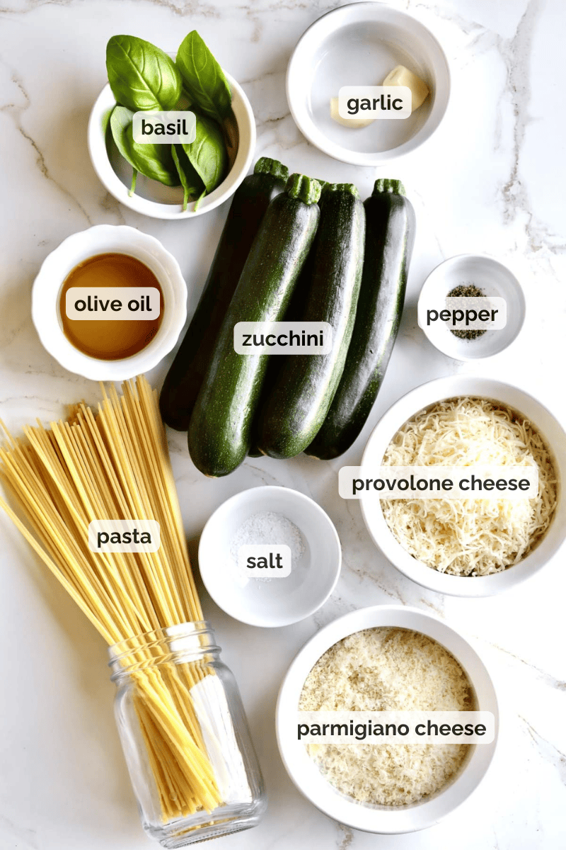 Recipe ingredients for Spaghetti alla Nerano recipe.