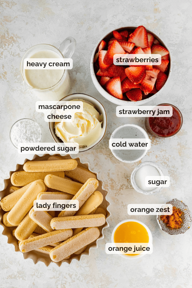 Recipe ingredients for strawberry tiramisu recipe.