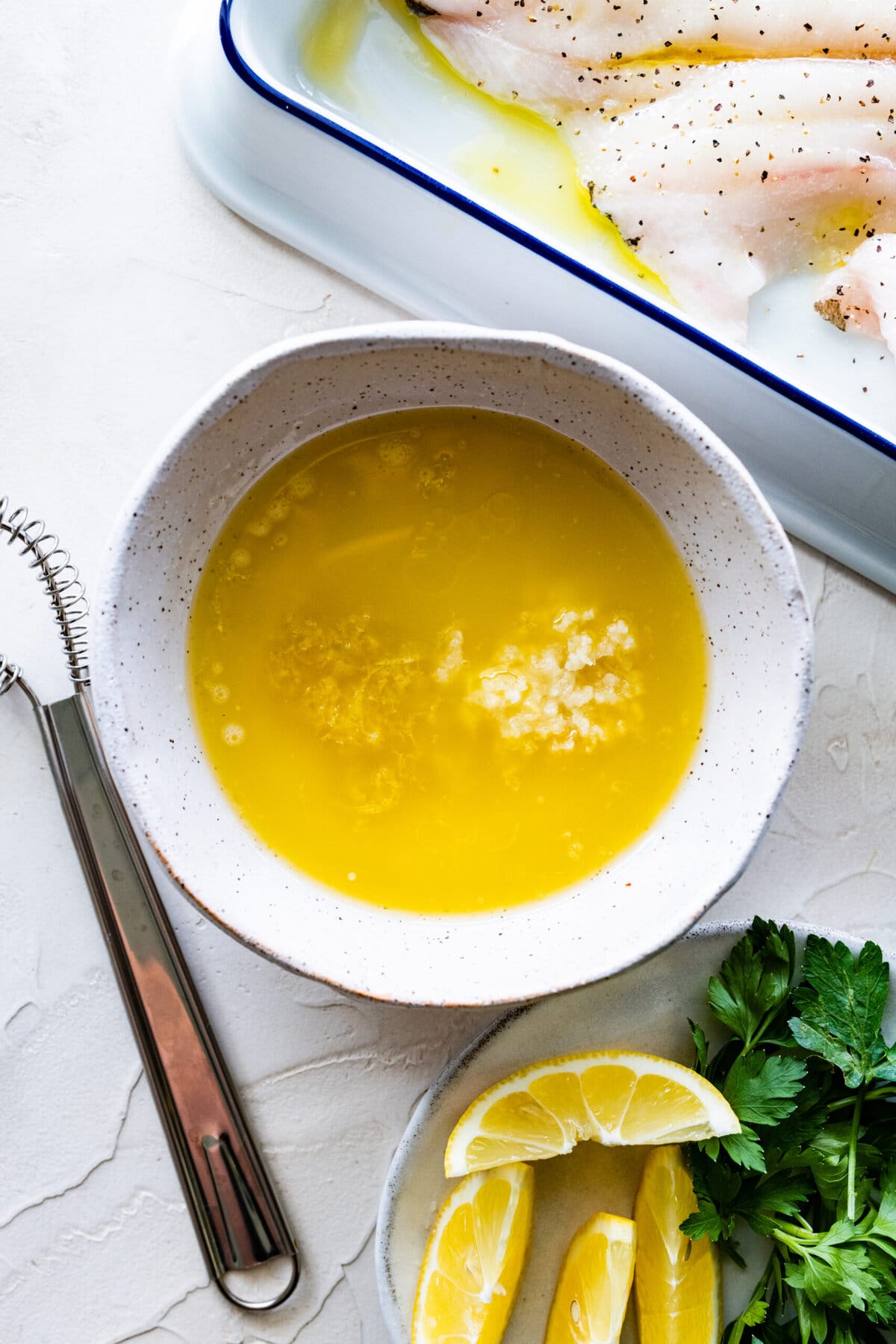 Baked Flounder Recipe with Lemon Butter Garlic Sauce- making the butter garlic sauce.