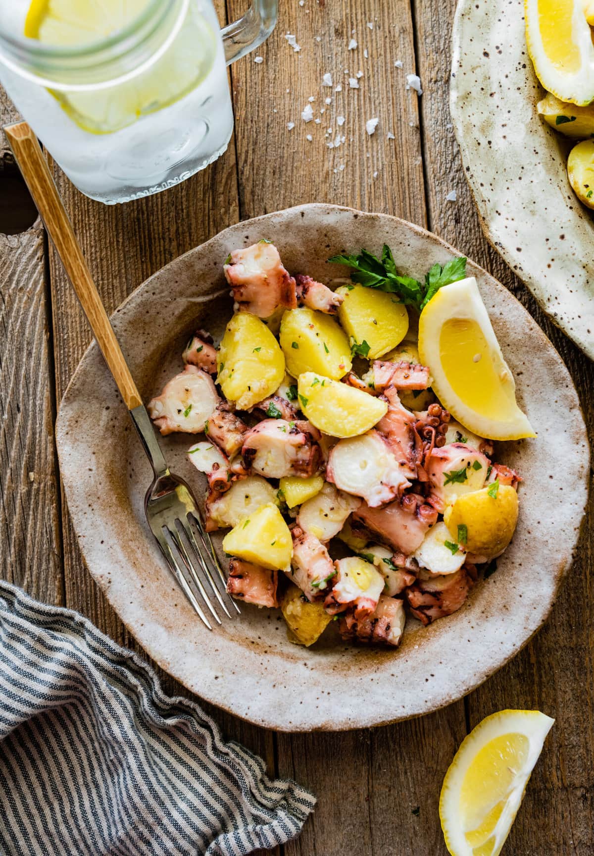 Italian Octopus Salad Recipe with Potatoes (Insalata Di Polpo) in a plate with a fork.