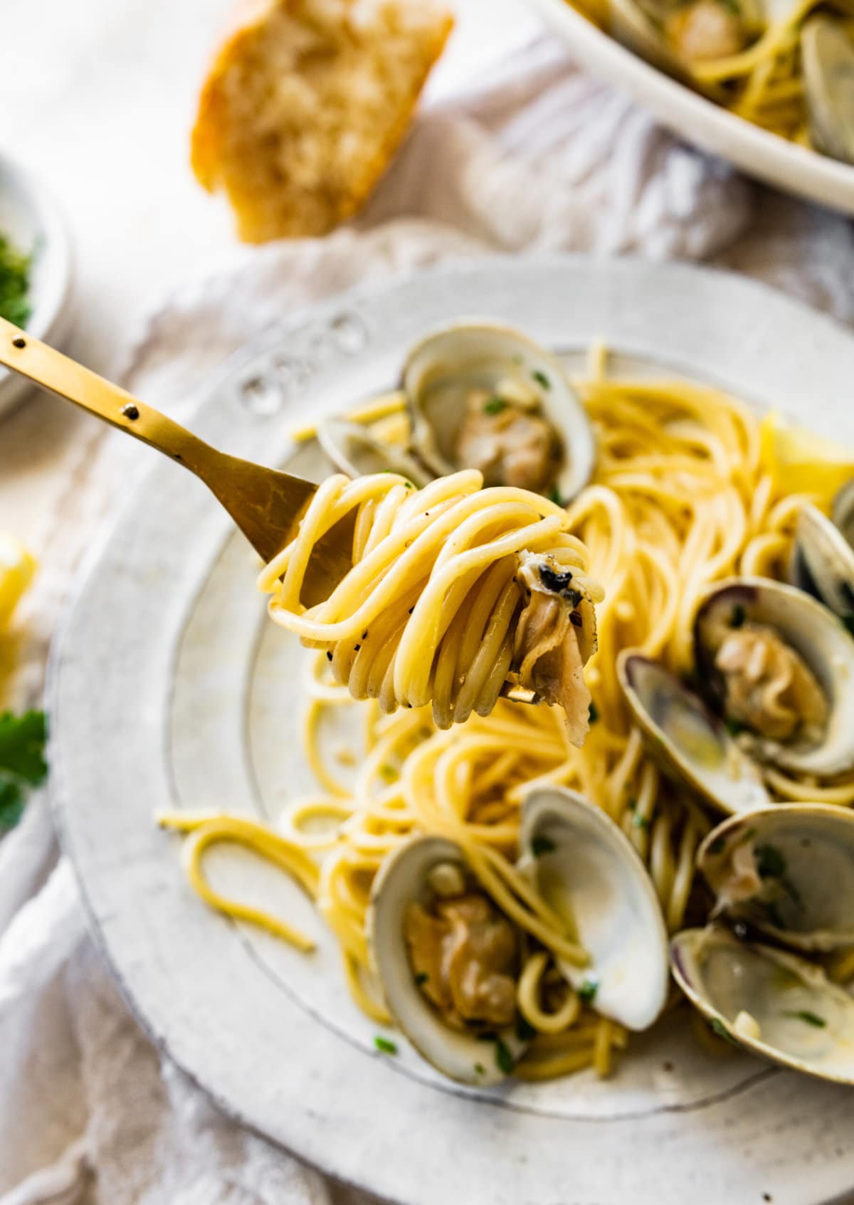 Spaghetti alle Vongole Recipe (Pasta with Clams)- on a plate with a fork. Fresh parsley and lemon as garnish. Fork is twirling the spaghetti on a fork. Close up of spaghetti twirl on fork.