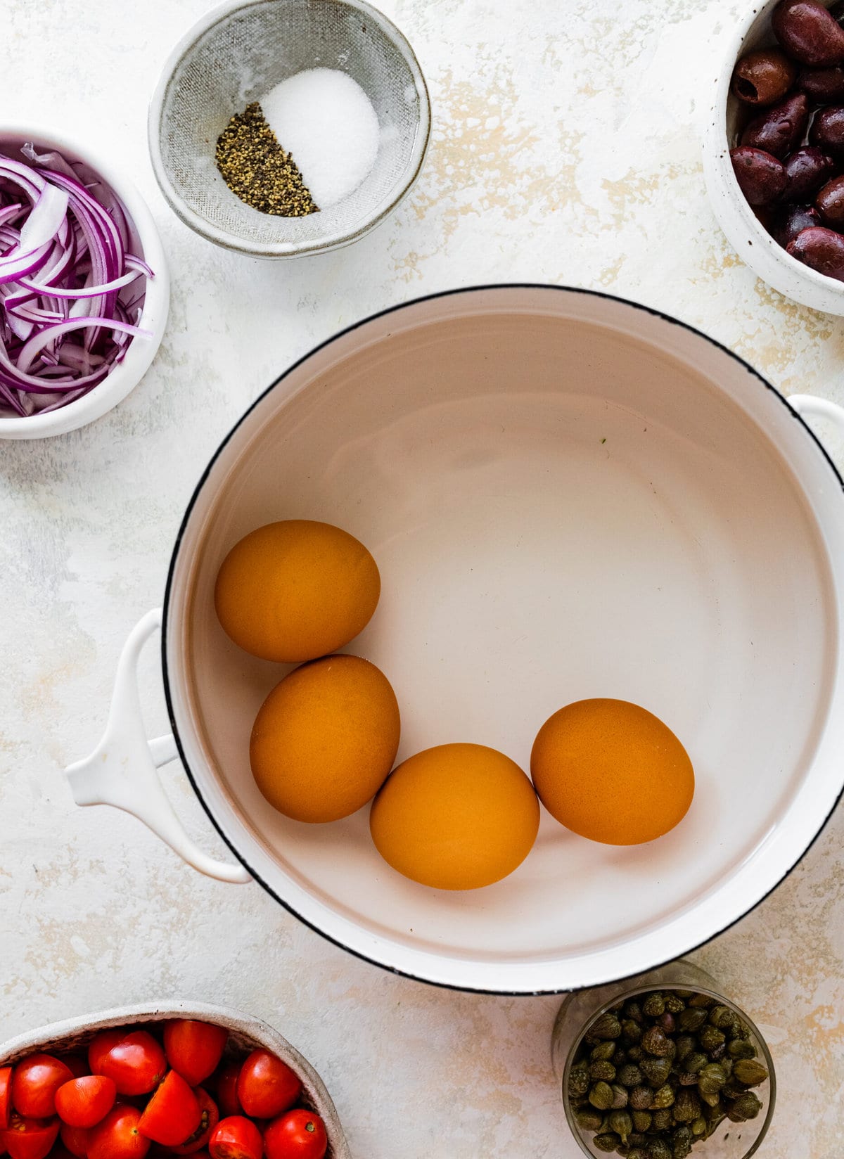 How to make- Tuna Nicoise Salad Recipe with Easy Vinaigrette- boil the eggs.