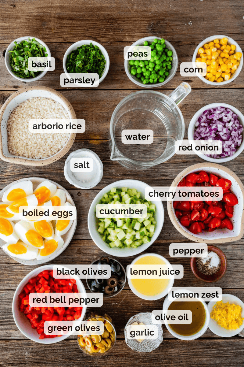 Recipe ingredients for Italian rice salad recipe.