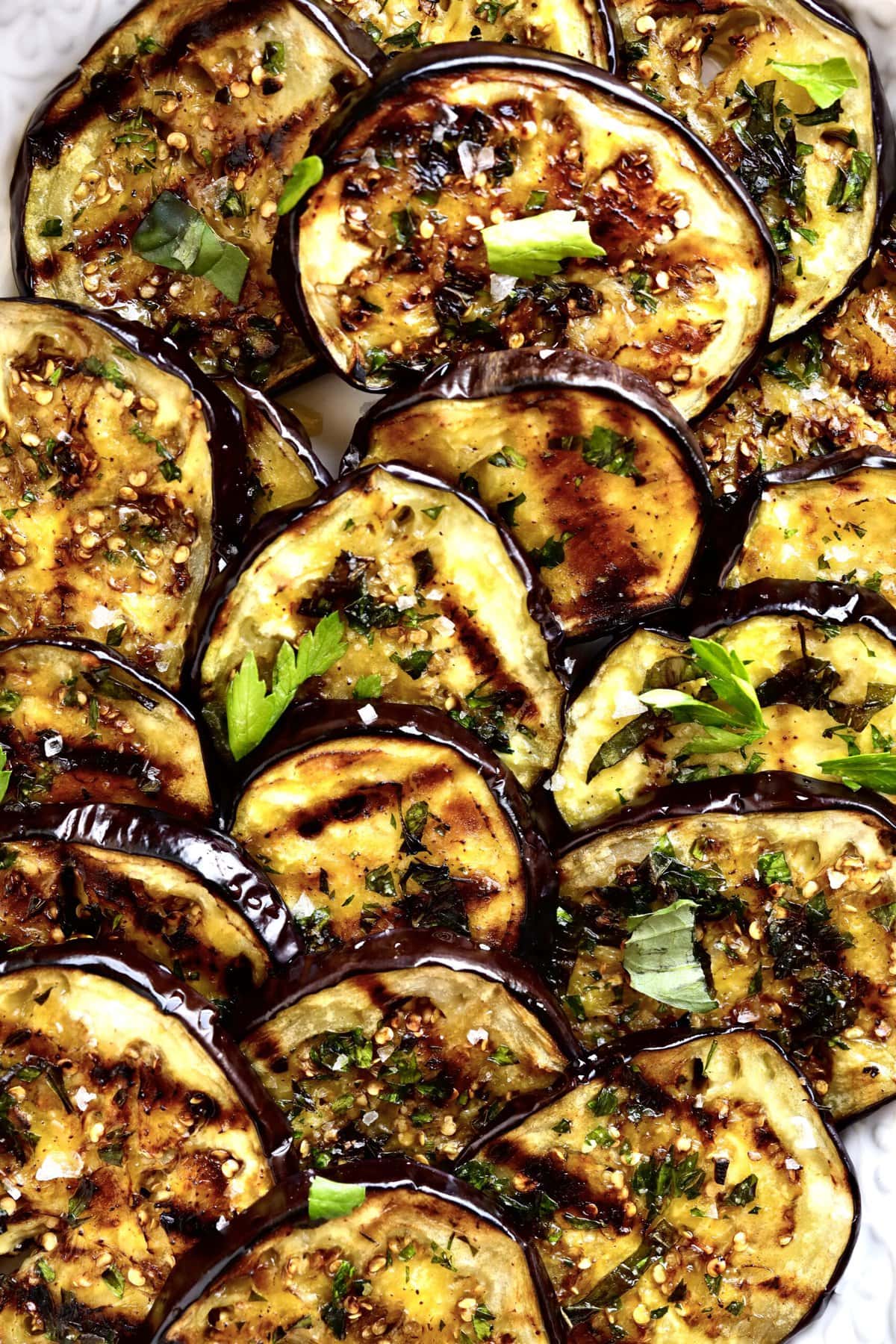 Easy Italian Grilled Eggplant Recipe (Melanzane grigliate) on a serving platter.