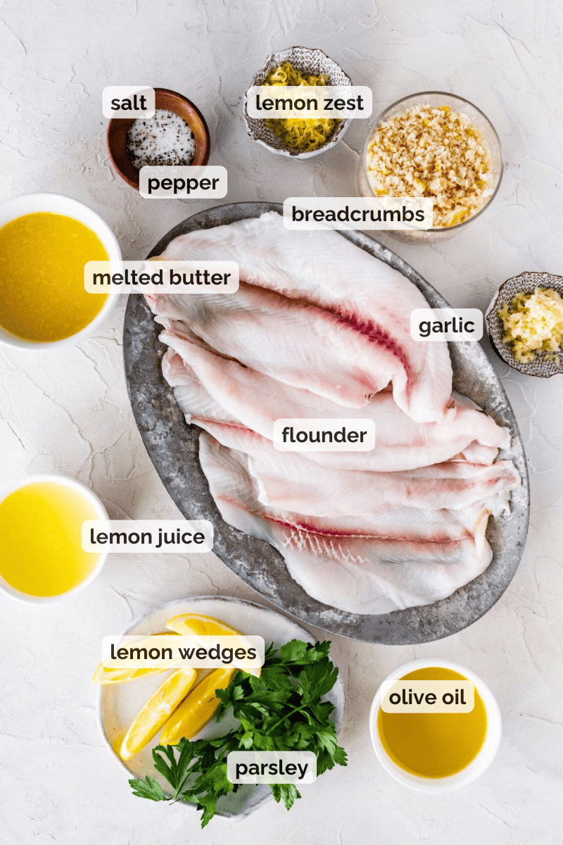Recipe ingredients for baked flounder with lemon butter sauce recipe.