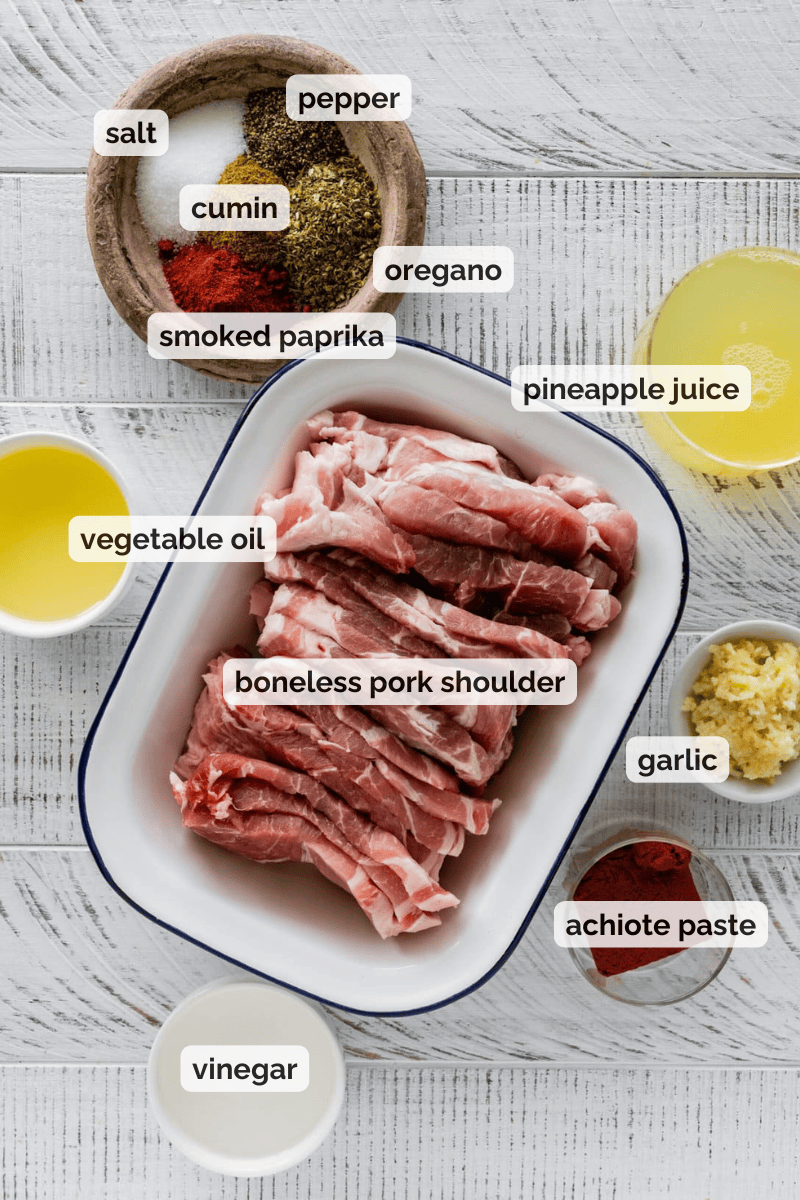 Recipe ingredients for tacos al pastor recipe.