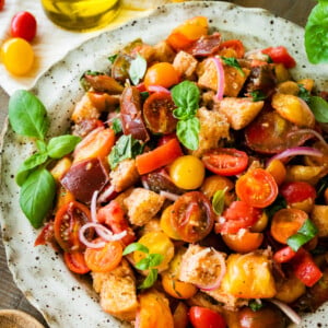Colorful summer panzanella salad on a plate.