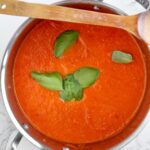 How to Homemade Marinara Sauce Recipe with Fresh Tomatoes- let tomatoes and onions sew for 30 minutes then blend with immersion blender. Add basil.