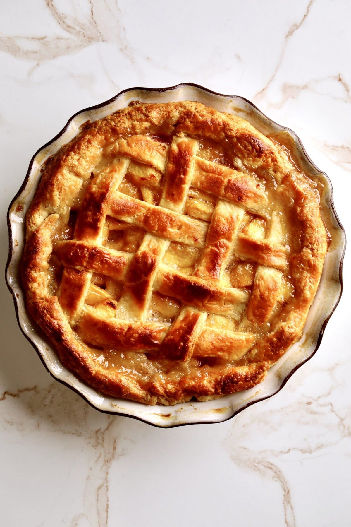 finished pie in baking dish.