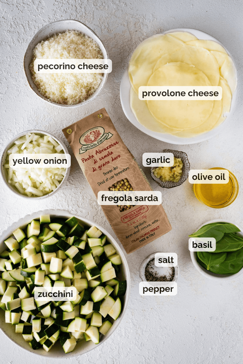 Recipe ingredients for Fregola Sarda pasta with zucchini and cheese recipe