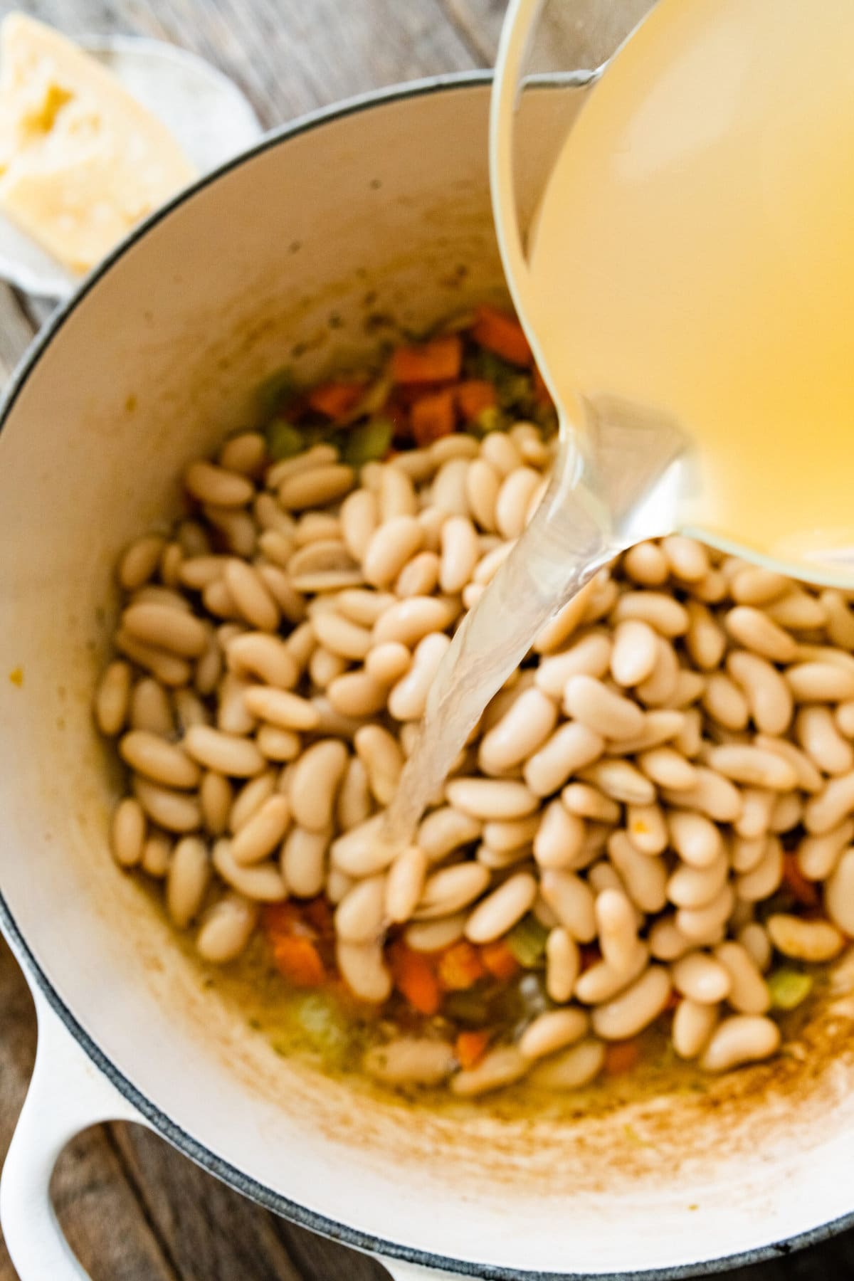 How to make Tuscan White Bean Soup Instructions- add beans and broth.