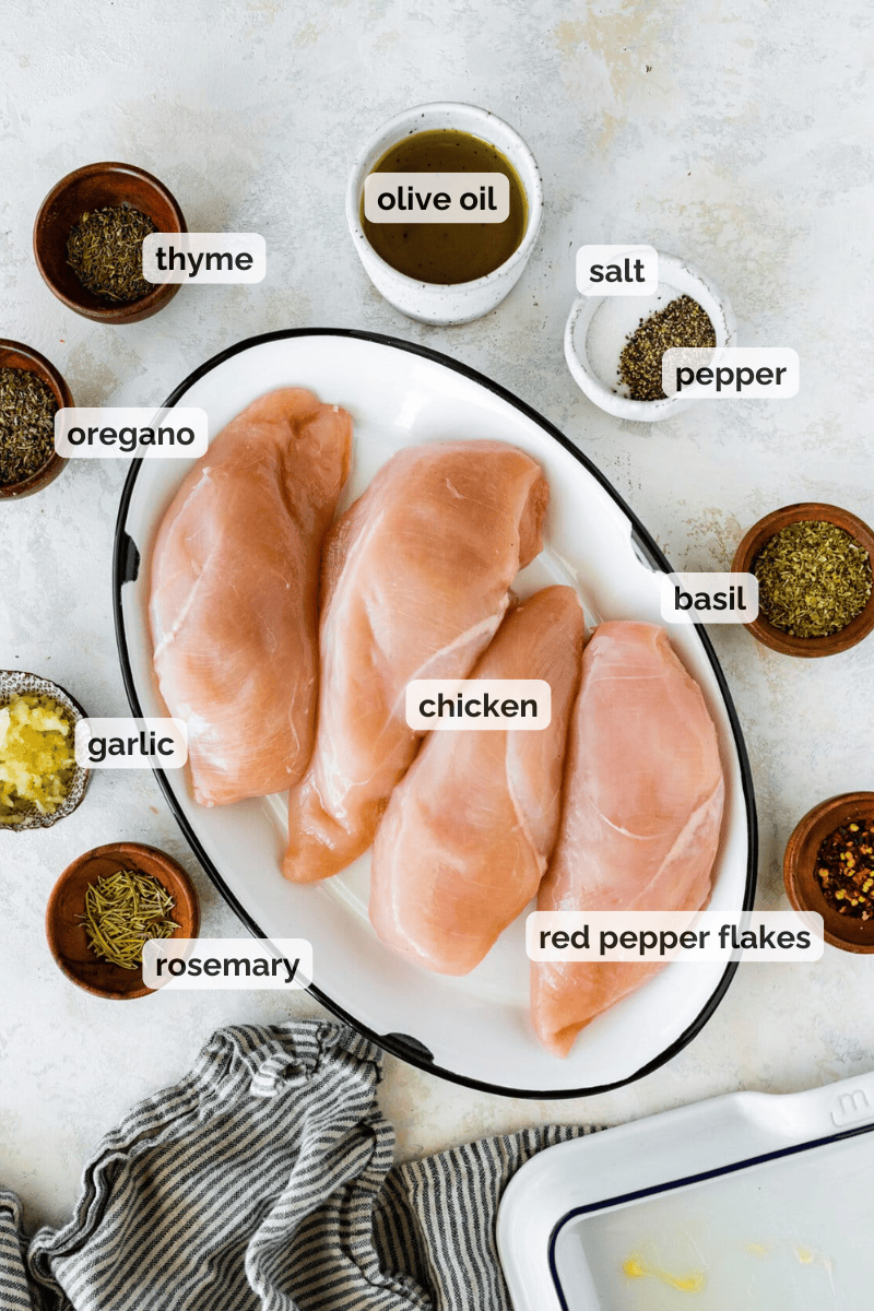 Recipe ingredients for baked chicken breasts recipe.