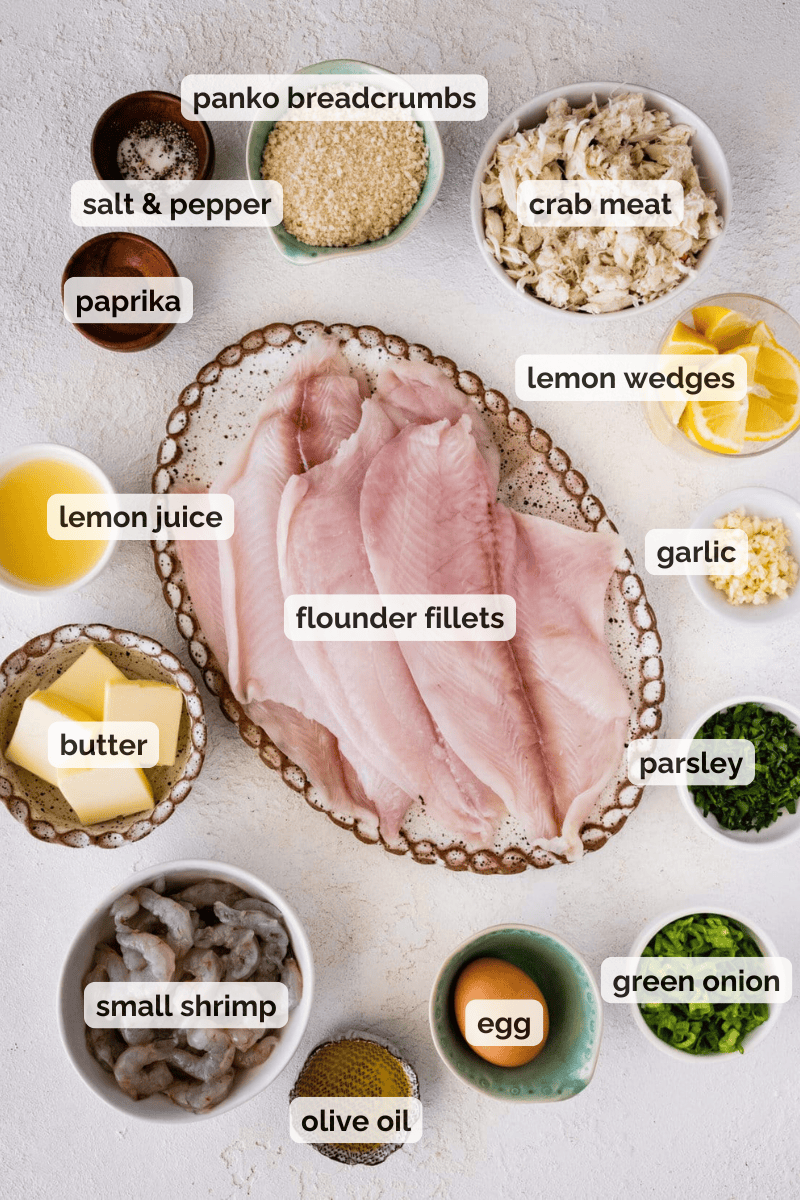 Recipe ingredients for baked stuffed flounder with crab and shrimp recipe.