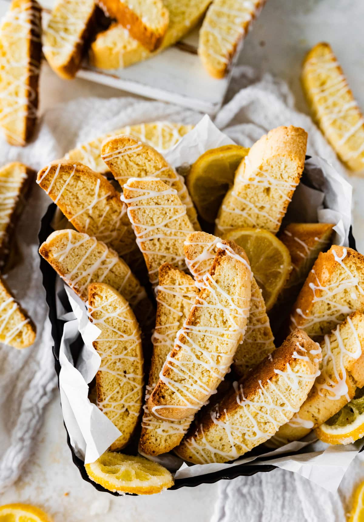 basket of biscotti cookies with lemon drizzle. 